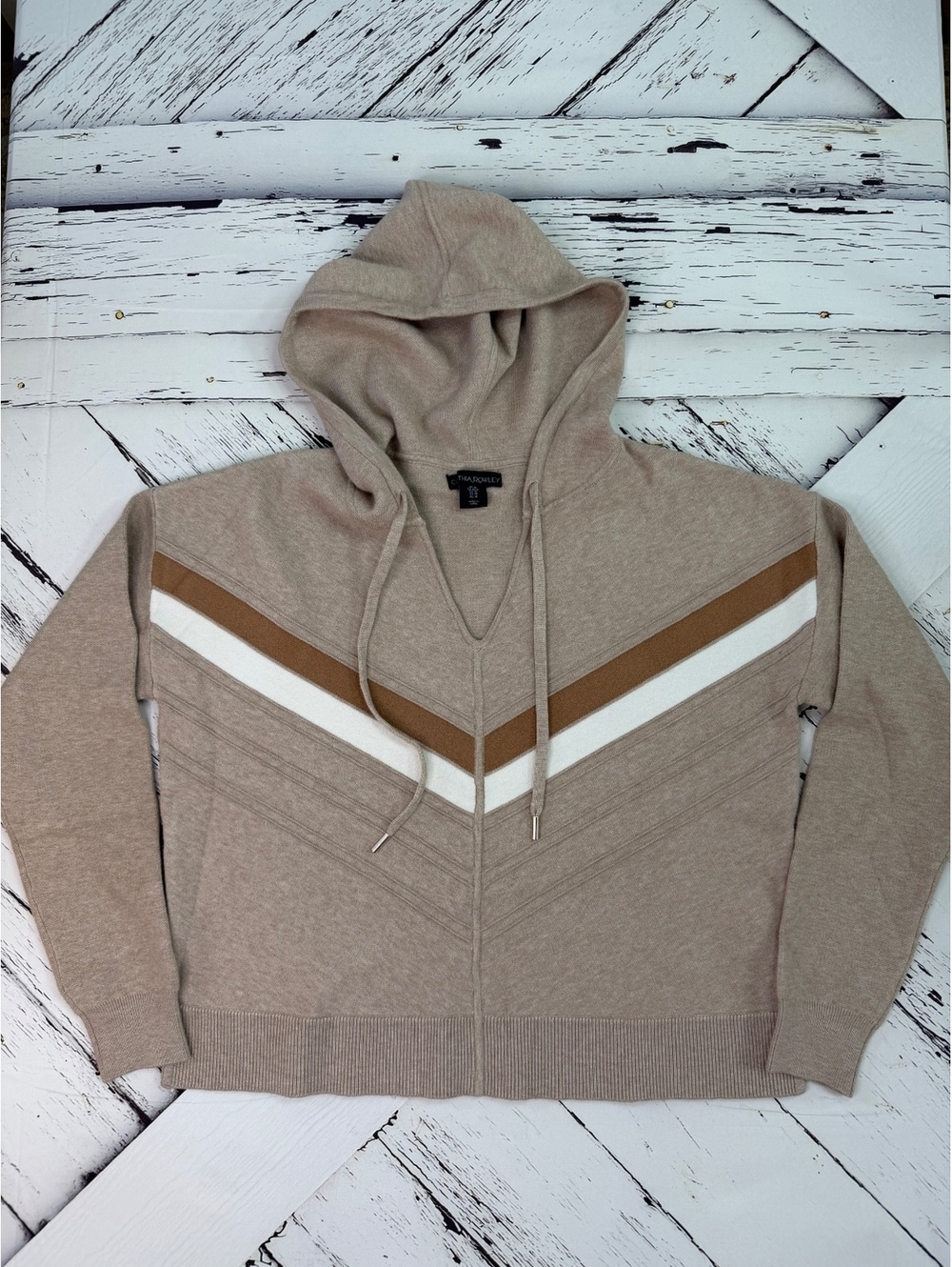 Cynthia Rowley Boho Cozy Cabincore Knit Chevron Hooded Sweater Women’s Medium